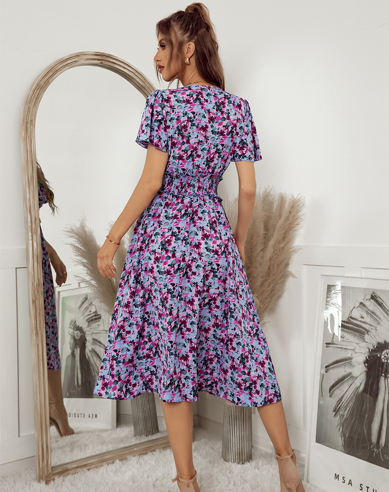 Printed Short-Sleeved Large Swing V Neck Dress NSDY114116