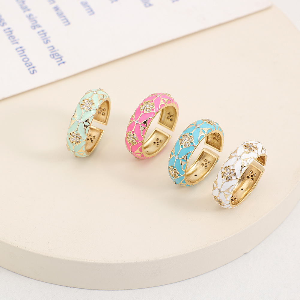 Fashion Four Leaf Clover Copper Open Ring Plating Inlay Zircon Copper Rings