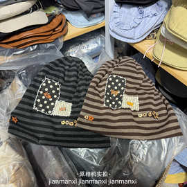 日系黑色堆堆帽女春秋款冷帽条纹贴布包头套头帽显脸小大头围帽子
