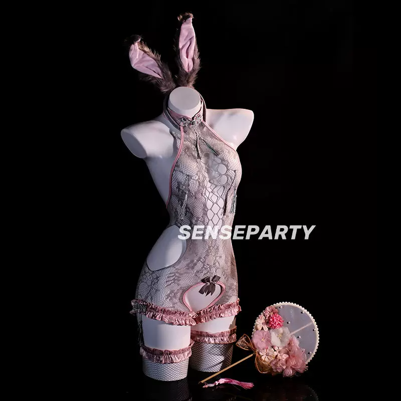 初蕊性感情趣内衣盘扣流苏饰纯欲透视网眼连体衣开裆免脱套装6597