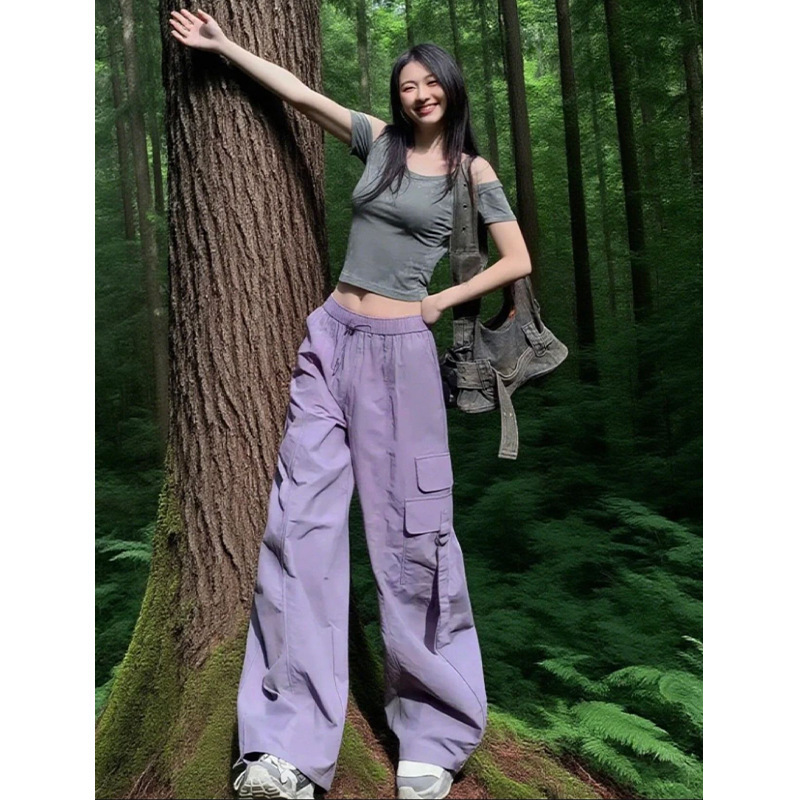 Purple Parachute Cargo Pants for Women, High-Waisted, Loose, Wide-Leg, Casual Hiking Straight-Leg Ice Silk Quick-Dry Sports Pants Purple Parachute Cargo Pants for Women, High-Waisted, Loose, Wide-Leg, Casual Hiking Straight-Leg Ice Silk Quick-Dry Sports Pants