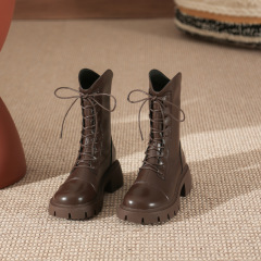2024年冬季新款 中筒系帶馬丁靴厚底圓頭休閒女鞋U形口後拉鏈女鞋