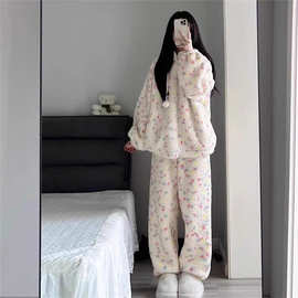 可外穿秋冬季2025新款珊瑚绒连帽上衣裤子加绒加厚家居服两件套装