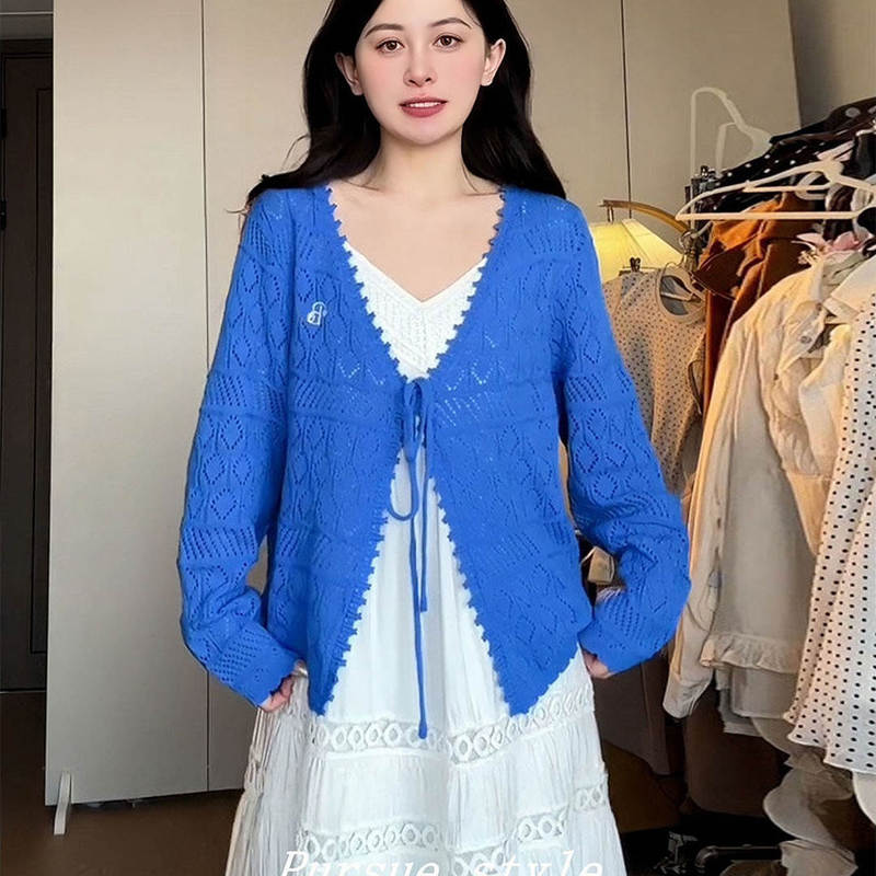 Blue Hollow-Out Thin Knit Cardigan for Women, Spring and Summer, Versatile and Stylish, Sun-Protective Loose Dopamine Air-Conditioning Shirt Blue Hollow-Out Thin Knit Cardigan for Women, Spring and Summer, Versatile and Stylish, Sun-Protective Loose Dopamine Air-Conditioning Shirt