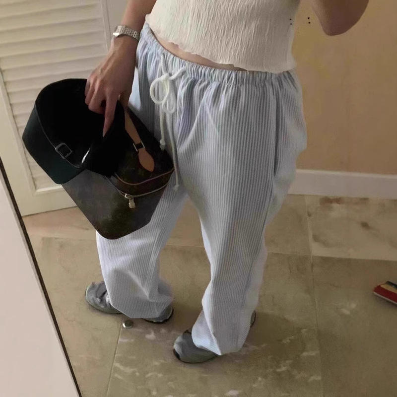 OUNCE striped lace-up elastic waist straight pants casual relaxed-fit lazy style versatile simple wide leg pants women's trousers OUNCE striped lace-up elastic waist straight pants casual relaxed-fit lazy style versatile simple wide leg pants women's trousers