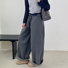 羊毛加绒加厚休闲裤女垂感弹力冬季新款通勤高腰九分阔腿裤糯米裤