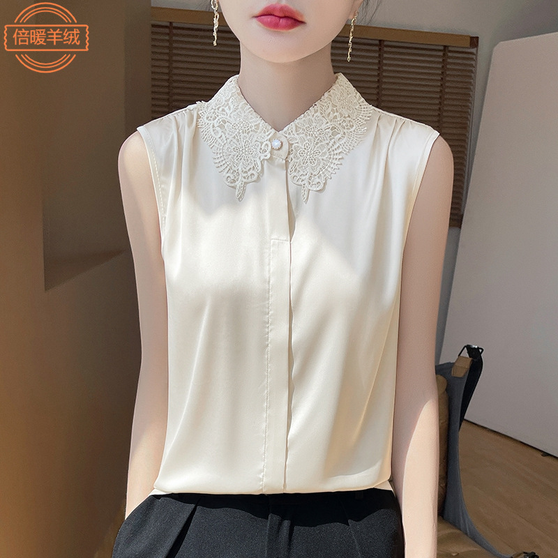 Lace Stitching Lapel Sleeveless Shirt Women's Spring and Summer Thin Satin Draped Vest Wrinkle-Resistant Fashionable Inner Base Top