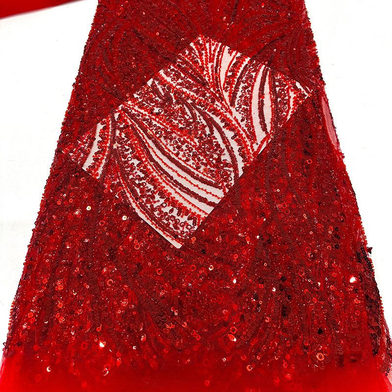 Tela de vestido de boda de alta gama, tubo de perlas bordado, bordado de sequilla, tela de moda de encaje de rendimiento