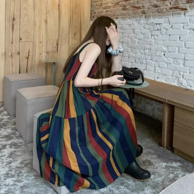 Французское сшитое ретро искусство Fan Rainbow Blayer платье с подтяжками женское лето свободное повседневное длинное платье до колен