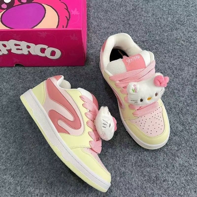 Zapatos de pan con diseño a juego de color amarillo-rosa original, zapatos casuales de estilo dulce de nicho para mujeres, zapatos de tablero de todo fósforo para fiestas de estudiantes