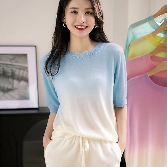 Good Hand Feeling with Mulberry Silk Bare Skin Body Sense Simple Gradient Refreshing Short-sleeved Knitted T-shirt Women's Ice Silk Top for Summer