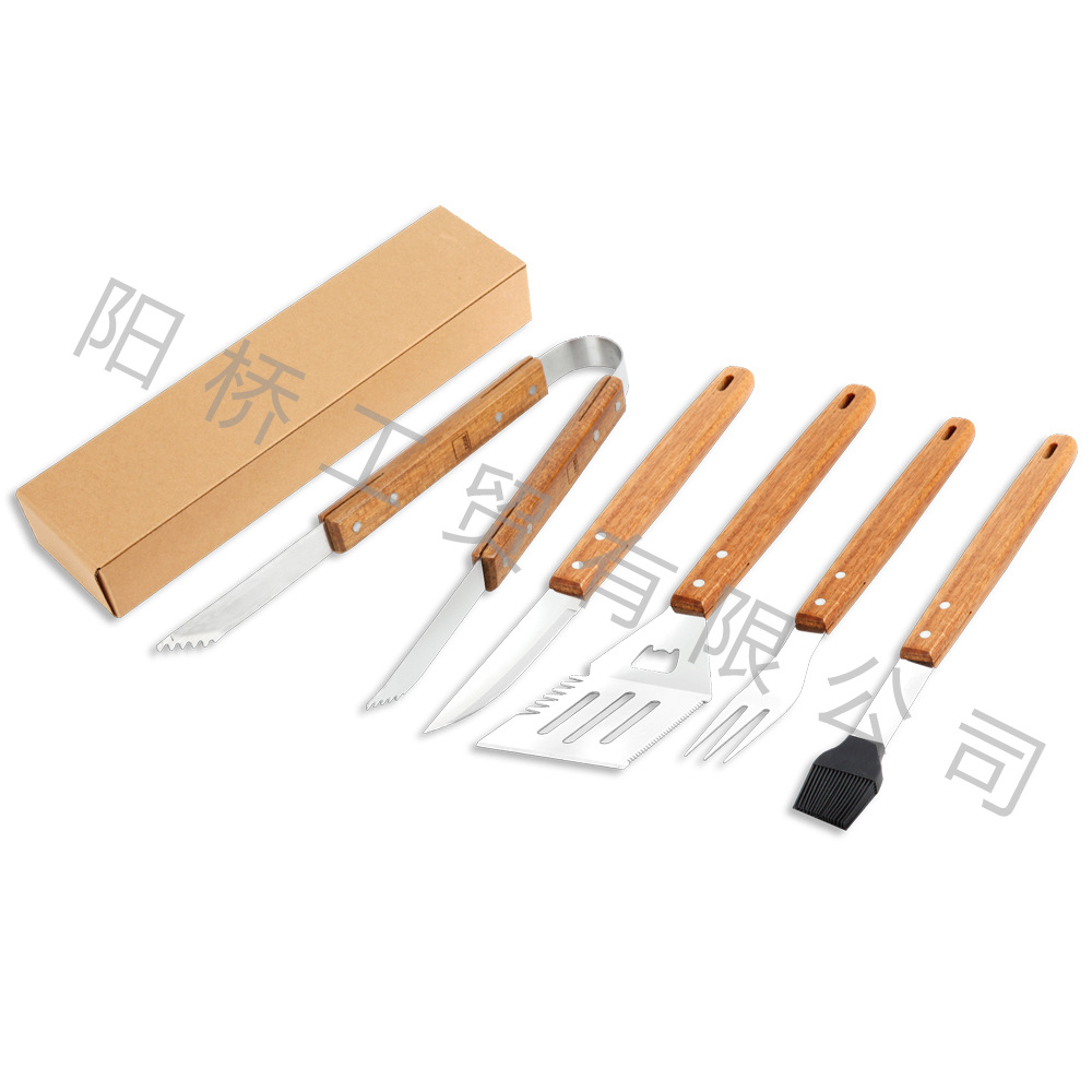 Amazon Venta caliente de acero inoxidable herramientas para hornear al aire libre salvaje beber herramientas traje barbacoa tenedor pala mango de madera combinación traje