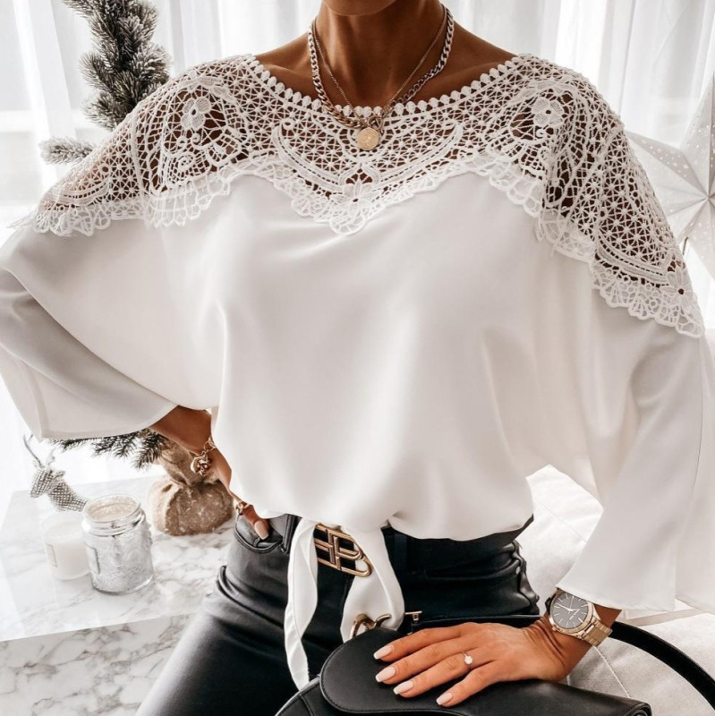 Amazon European and American Clothing 2025 Spring and Autumn New Lace Pure Color Shirt Foreign Trade Cross-Border Women's Shirt