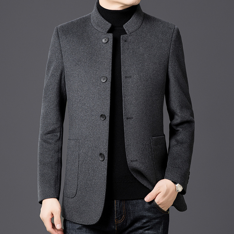 Brand High-End Double-Sided Woolen Outwear, Fashionable Stand-Up Collar Woolen Jacket, Men's Woolen Outwear for Middle-Aged and Elderly People