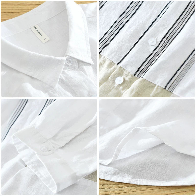 2026 Men's Loose-Fit Trendy Casual Japanese Style Patchwork Three-Quarter Sleeve Linen Shirt, Wholesale Available_viptrois.com