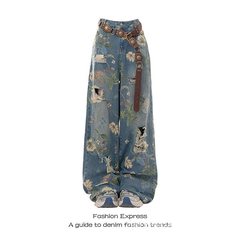 大码复古国风花卉破洞设计感牛仔裤女秋季高街宽松显瘦垂感阔腿裤