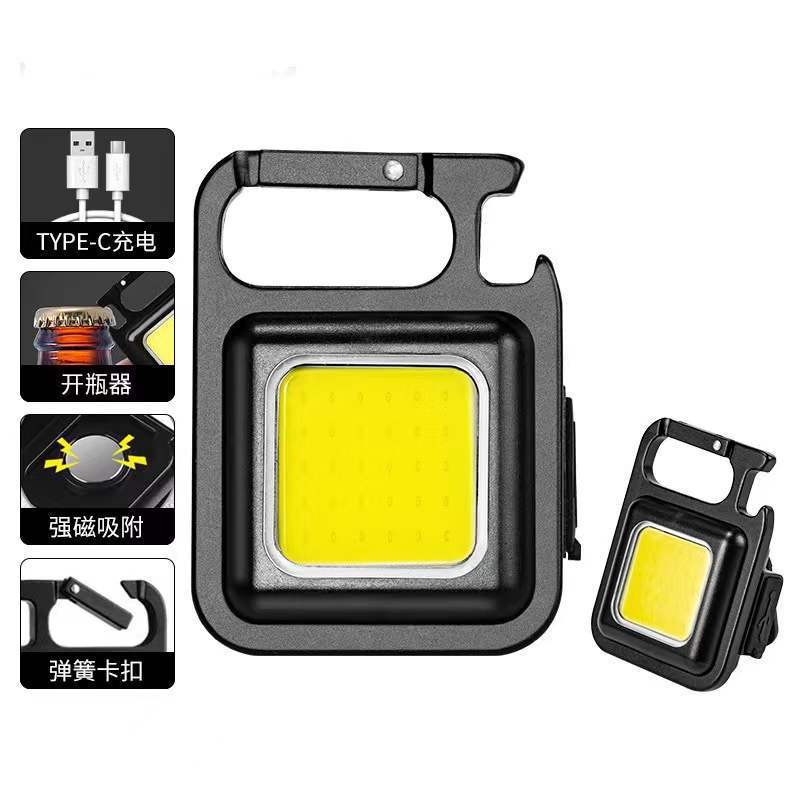 Mini linterna multi-función llavero luz de emergencia portátil USB recargable LED abrebotellas fuerte trabajo magnético COB