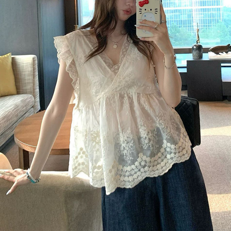 Slightly Drunken Brandy Heavy Embroidery Vest 26 Summer Fw Korean Style Loose Casual V-Neck Semi-Transparent Sleeveless Top