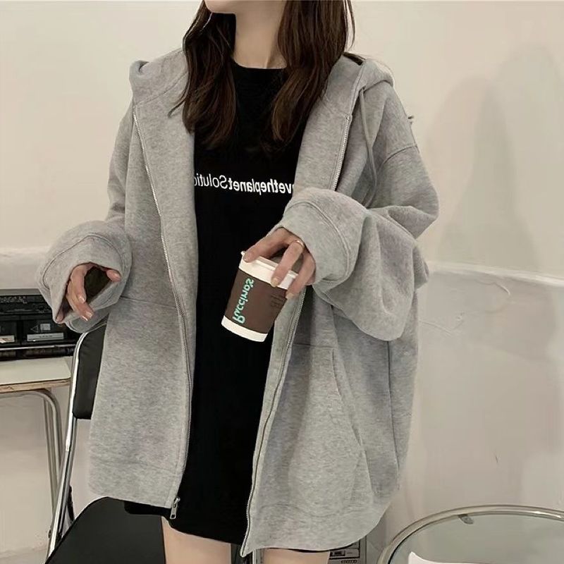 百搭春秋新款慵懒风连帽卫衣女冬加绒宽松情侣拉链开衫外套ins风|undefined