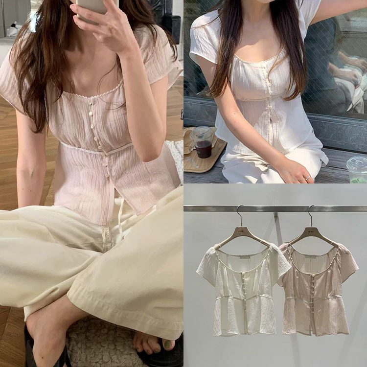 Fan Sun·Xh Korean-Style Lace-Trimmed U-Neck Buttoned Short-Sleeve Shirt, Dongdaemun Summer New Gentle Solid Color Blouse Fan Sun·Xh Korean-Style Lace-Trimmed U-Neck Buttoned Short-Sleeve Shirt, Dongdaemun Summer New Gentle Solid Color Blouse