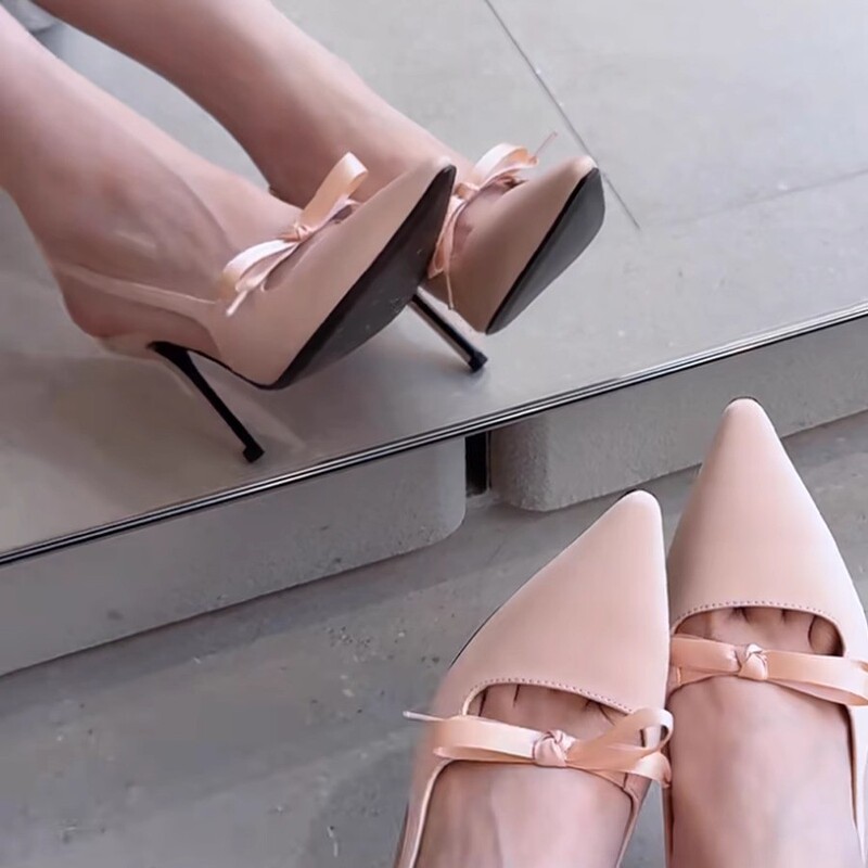 Beautiful High-Heeled Elegant Women's Design Niche Pointed Toe Bow Sandals 2025 Spring and Summer New High-Heeled Sandals