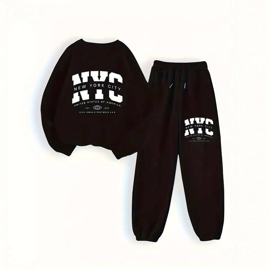 Ensemble deux pièces décontracté pour femme, mode hiver, avec doublure polaire, sweat-shirt épais à imprimé lettres et pantalon de jogging pour femme et homme - Noir_voghion.com