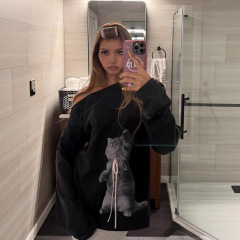现货 LISA 刘雯同款 韩式小众设计25AW新款斜开肩小猫印花长袖T恤