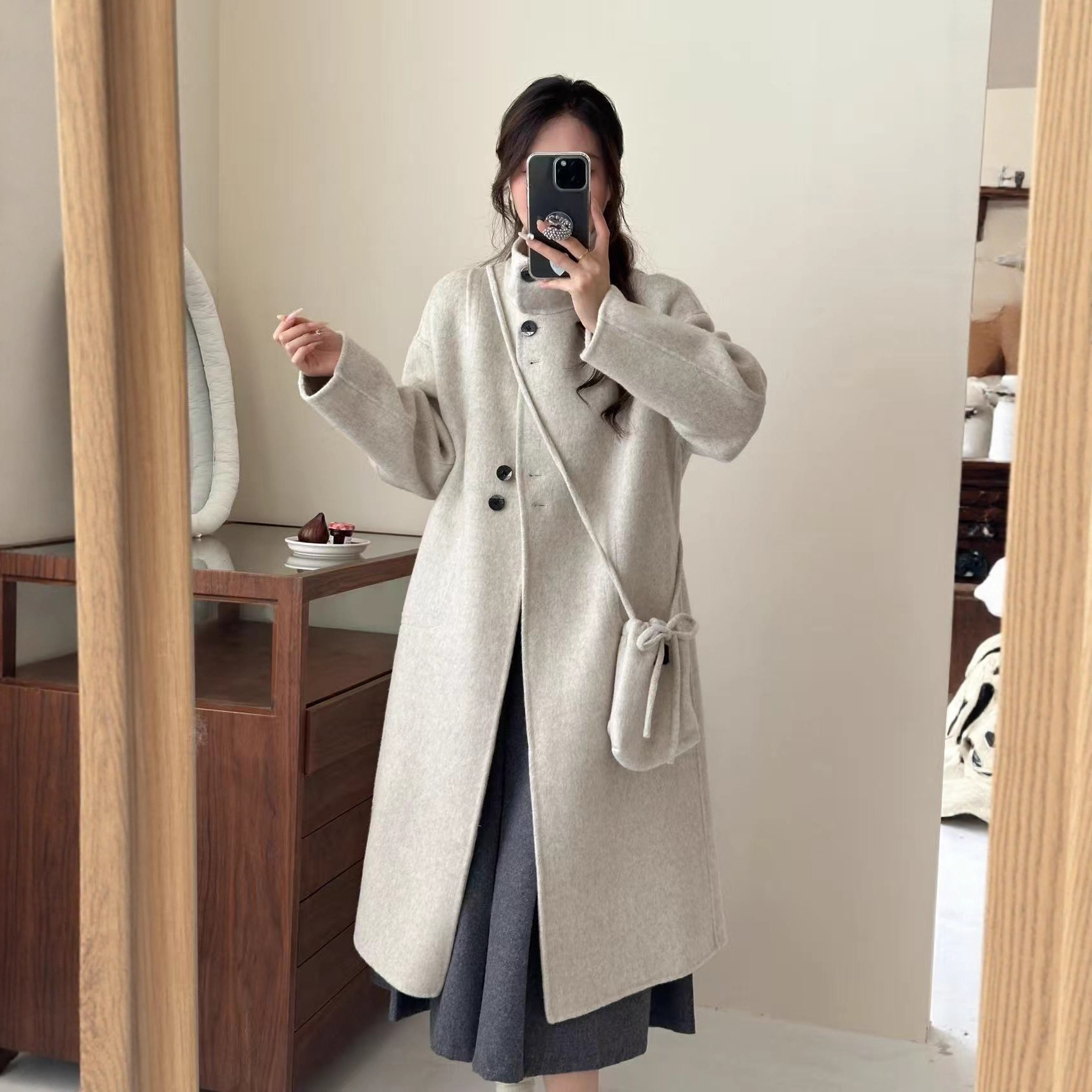 South Korea's Dongdaemun High-End Double-Sided Wool Outwear Women's Long Stand-Up Collar Hepburn Style Loose Elegant with Bag