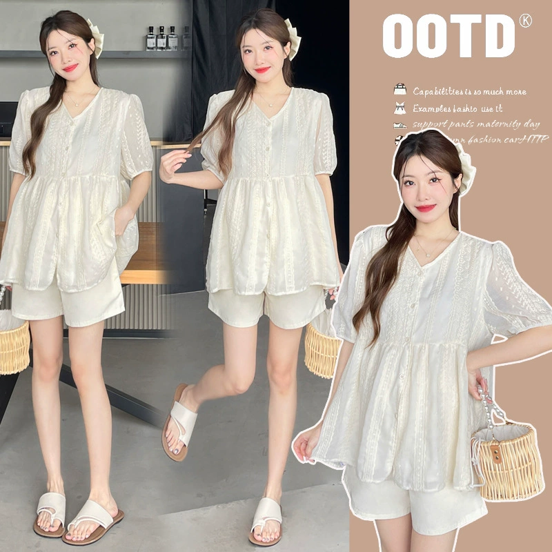 2025 лето для беременных корейская версия с V-образным вырезом кружева с вышивкой куклы рубашка шорты костюм женский