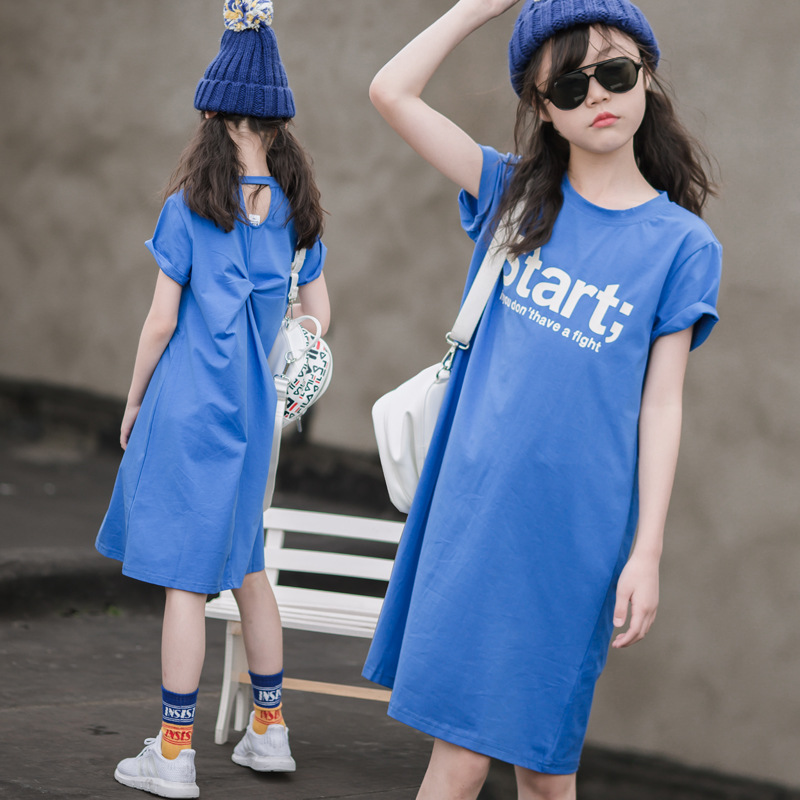 Diseño de espalda pequeña falda de camiseta para niñas vestido de verano para niños de longitud media falda de niña de estilo occidental de estilo coreano de manga corta