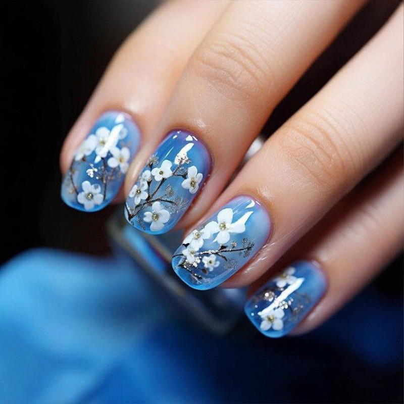 Cross-Border Hot Selling Flower Manicure Patches Blue Gradient Square Nail Patches High-End Manicure Wearable Nails Wholesale