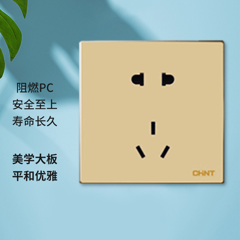 Zhengtai Switch and Socket 86 Type Gold and Gray Wall Plate for Home Use, 5-Outlet Power Strip with 1 Switch and 5 Socket Positions