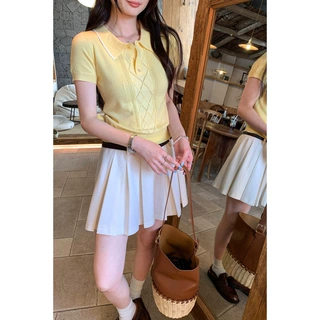 欧货韩系超好看黄色翻领短袖羊毛针织衫女夏新款绝美POLO衫上衣