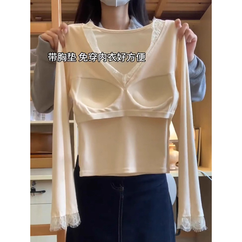 纯欲领磨毛长袖恤女秋冬洋气内搭蕾丝打底衫修身显瘦带胸垫上衣|undefined