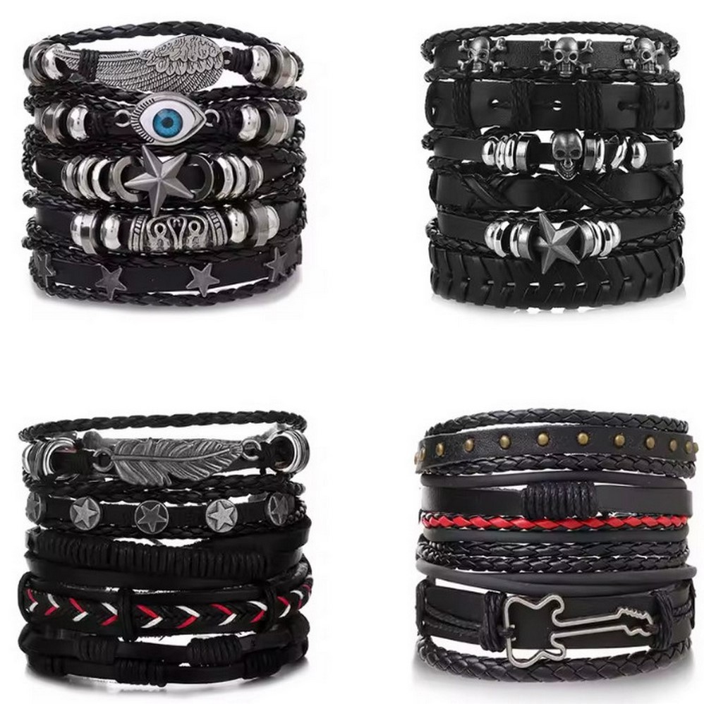 Diy Leather Bracelet Weaving Kit For Men With Skull And Star Beads_voghion.com