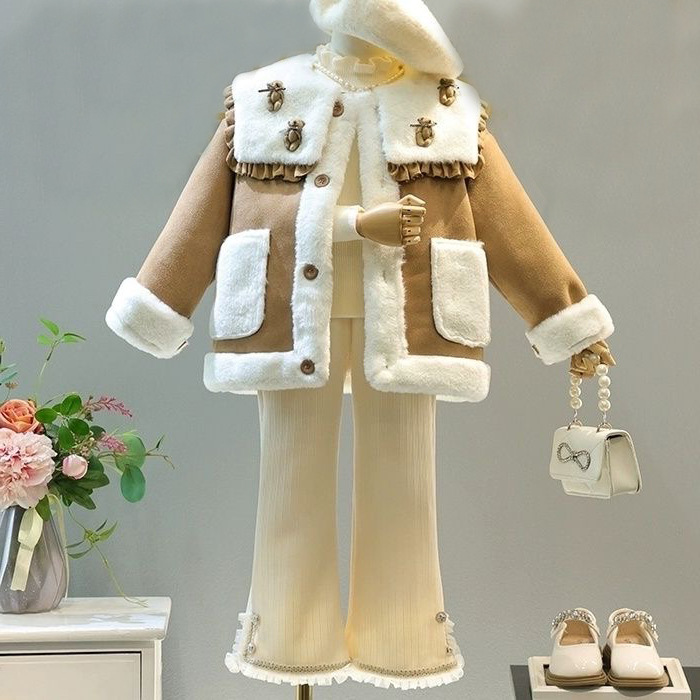 Mergaičių žieminis kostiumas mergaičių kailiukas viename korpuse plius vilnos storos paltinės kelnaitės dviejų dalių komplektas_voghion.com