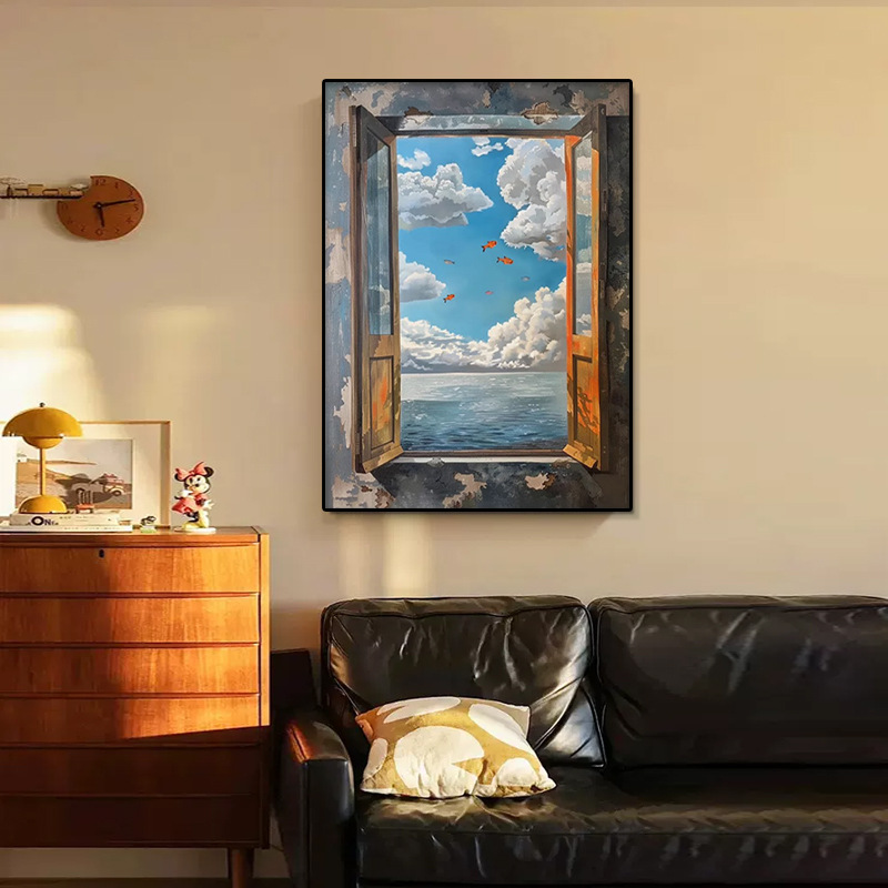 美式复古客厅高级感装饰画鱼跃龙门手绘油画小众艺术玄关挂画沙发