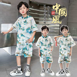 中式男童中国2025汉服短袖套装唐装儿童新款夏装男孩夏季两件套潮