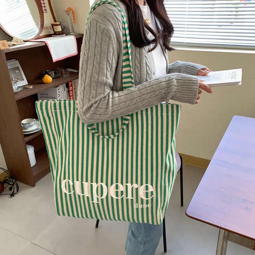 Large capacity striped tote bag shoulder canvas bag casual open letter bag  new student class backpack