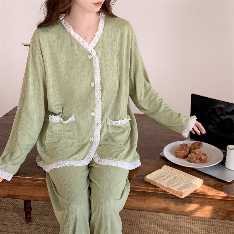 Al por mayor transfronterizo primavera y otoño nuevo con cojín de pecho encaje de bambú jacquard camiseta encaje ropa de casa pijamas mujeres