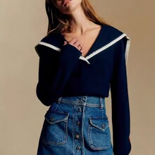 南油高版本批发法式优雅海军风手钩装饰边翻领长袖羊毛针织衫毛衣