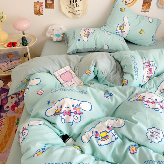Sanrio Girl's Heart Cartoon Washed Cotton Four-piece Printed Student Quilt Cover Bed Sheet Four-piece Set