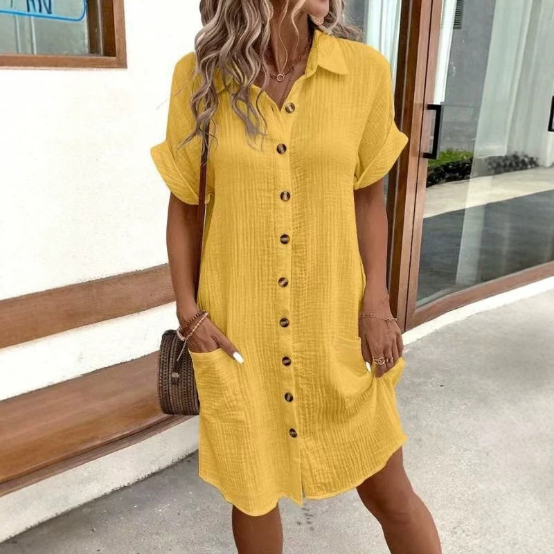 2025 Amazon European and American Cross-Border Casual Solid Color Cotton-Linen Buttoned Long Short-Sleeve Loose Shirt Dress for Women