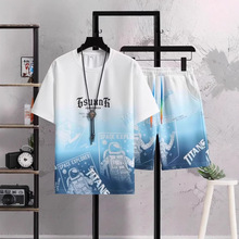 夏季新款男士渐变色潮流休闲套装青年运动时尚外贸短裤短T两件套