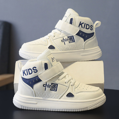 Boys' Shoes - White Canvas Shoes for Autumn/Winter - High-Top, New Style, Waterproof Leather Surface, Sporty Little White Shoes for Boys