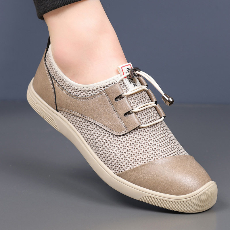 Giày nam lười xỏ chân lưới dệt thoáng khí nhẹ mỏng, giày thể thao casual đế bằng gót thấp — Màu trắng ngà, màu đen