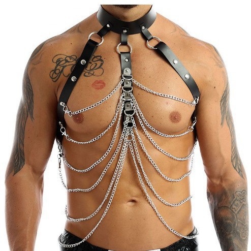 厂家热销个性金属链条身体链男士胸部皮革束缚捆绑皮带上衣腰带