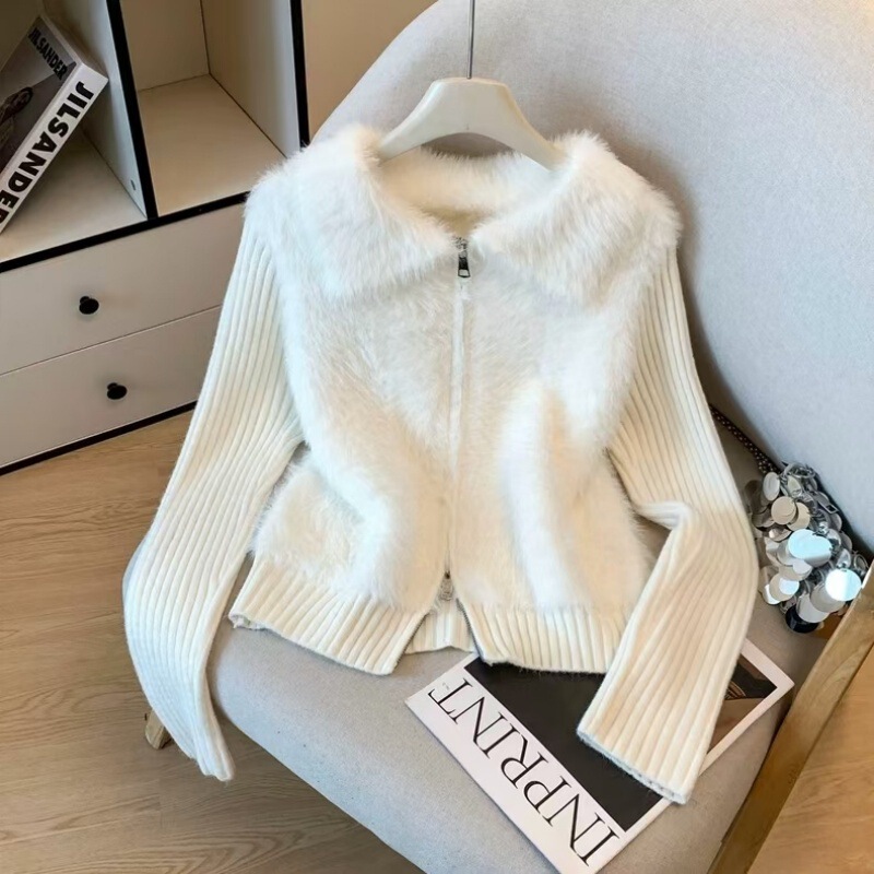 Imitation Mink Velvet Double Zipper Lapel Knitted Cardigan Autumn and Winter New Style Fashionable and Versatile Long-Sleeved Top Sweater for Women