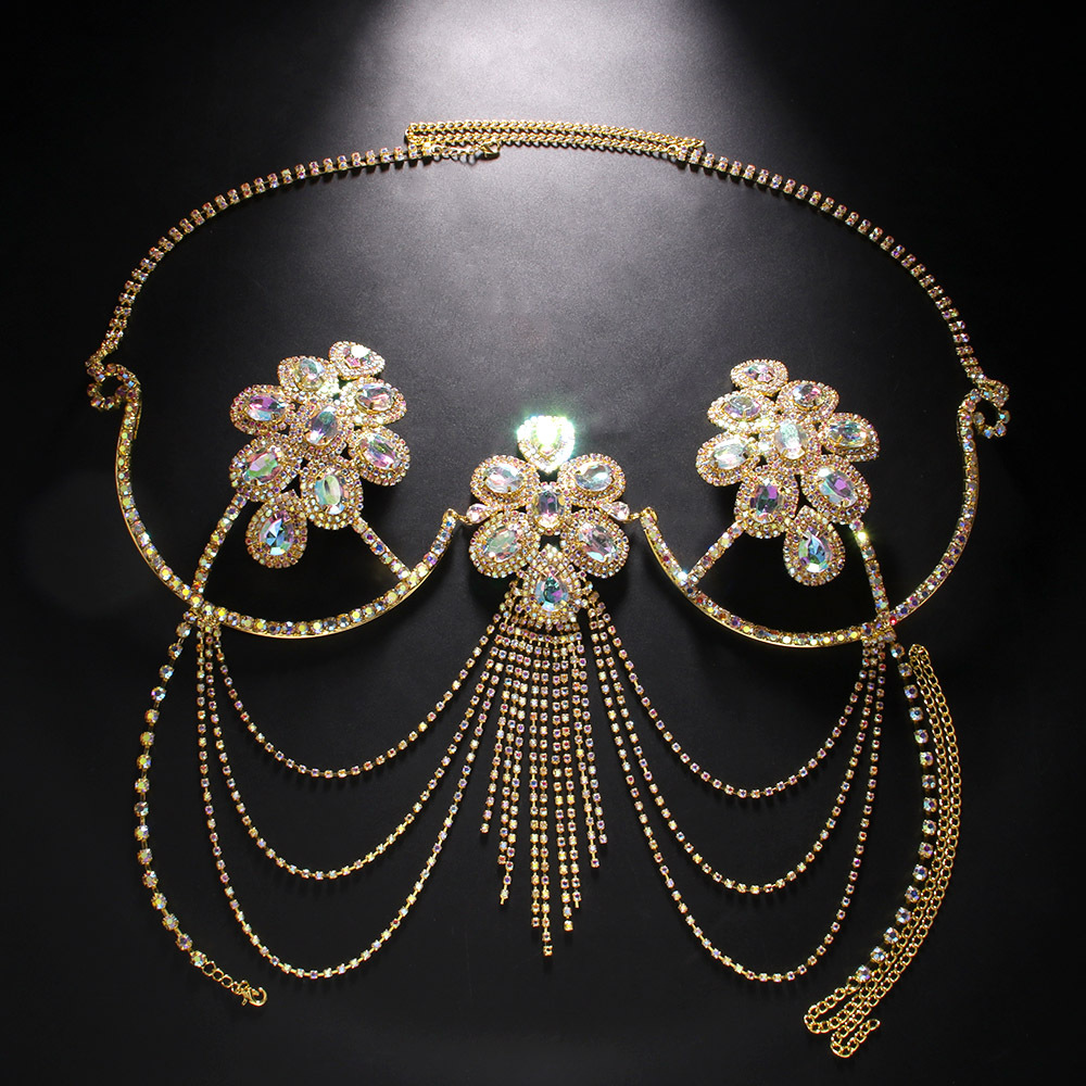 Europa y América nueva cadena de pecho rhinestone moda sexy en forma de flor borla pecho accesorios sexy joyería cuerpo cadena