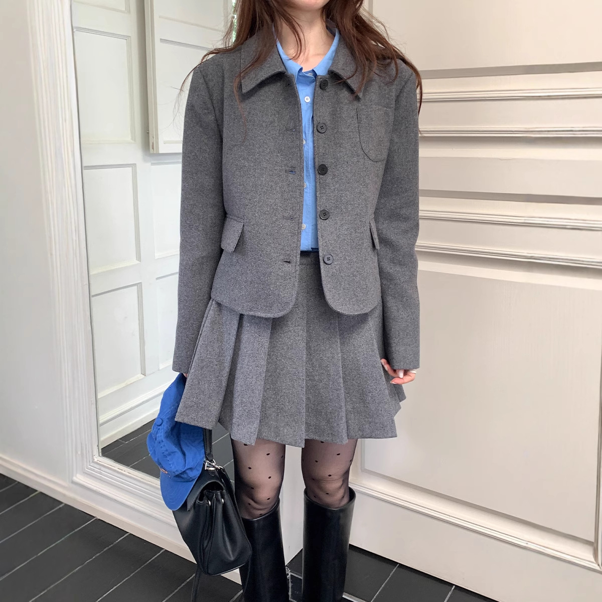 薇颂女装2025秋冬新款miu系学院风羊毛西装外套/百褶半身裙短裙女